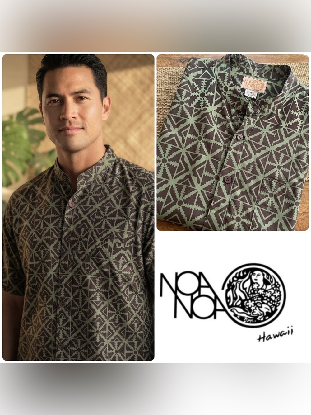 Noa Noa ✨ Hawaiian Aloha Shirt • MEDIUM • Green & Brown • Cotton